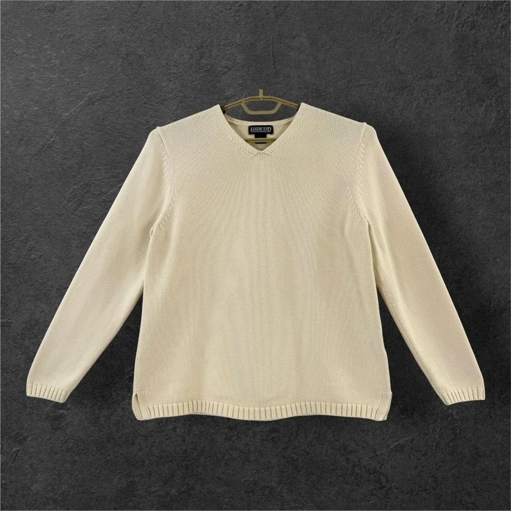 Lands' End Sweater Womens Large Cream Cotton V Neck Knit Pullover Hong Kong